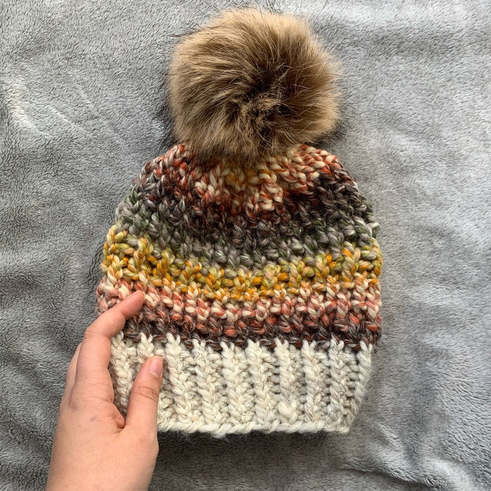 MULTICOLOR handmade knit beanie, made by me.